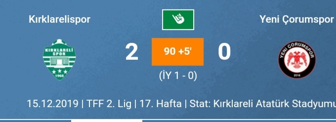Kırklarelispor: 2 Yeni Çorumspor: 0